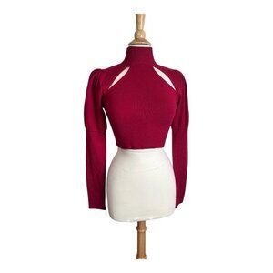 Camila Coelho Sweater Small Wool Blend Crop Ruffle Cut Out Shoulder Red